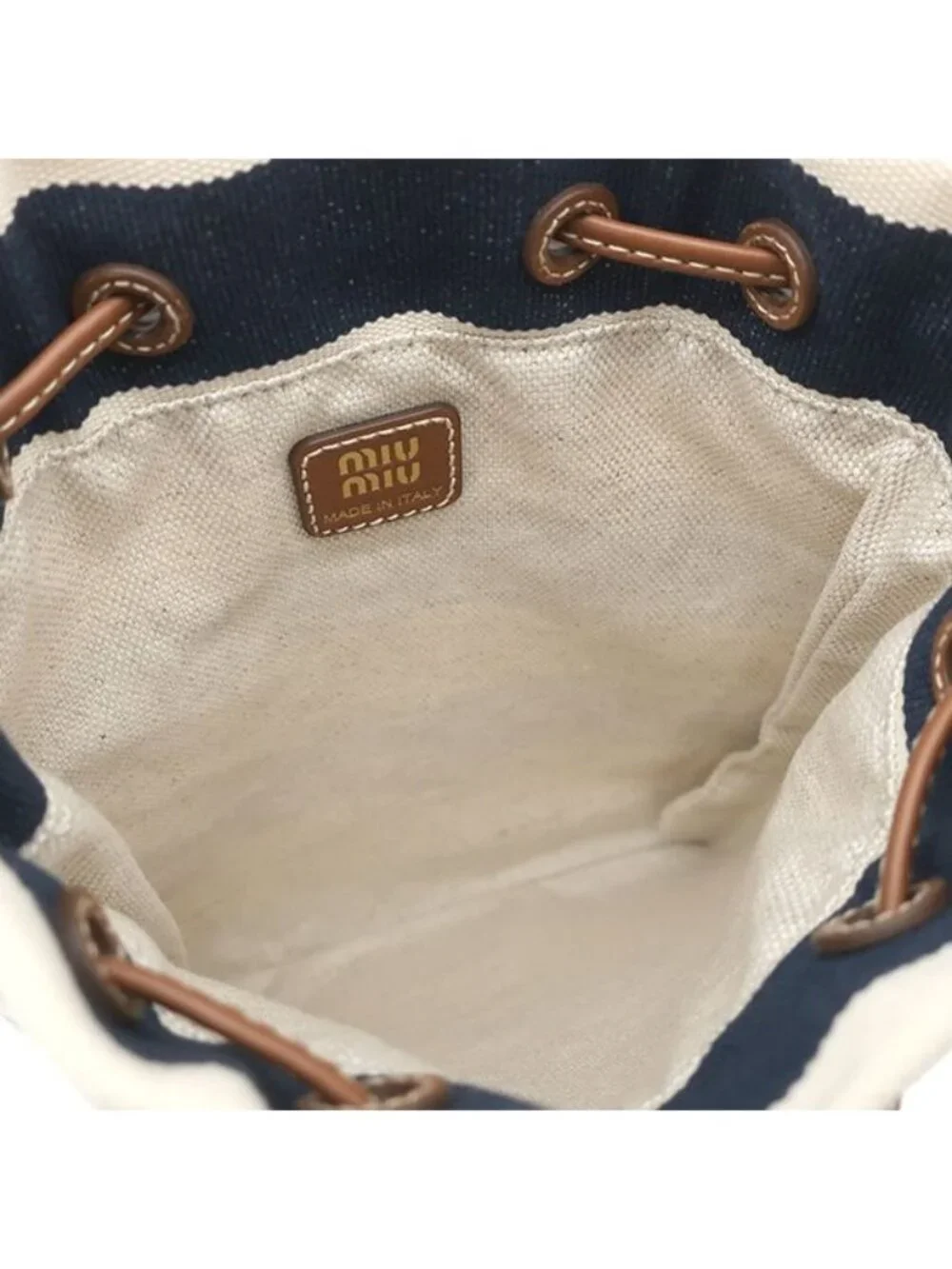 Miu Miu Handbag Drawstring Pouch Canvas Leather Navy Natural Gold Striped